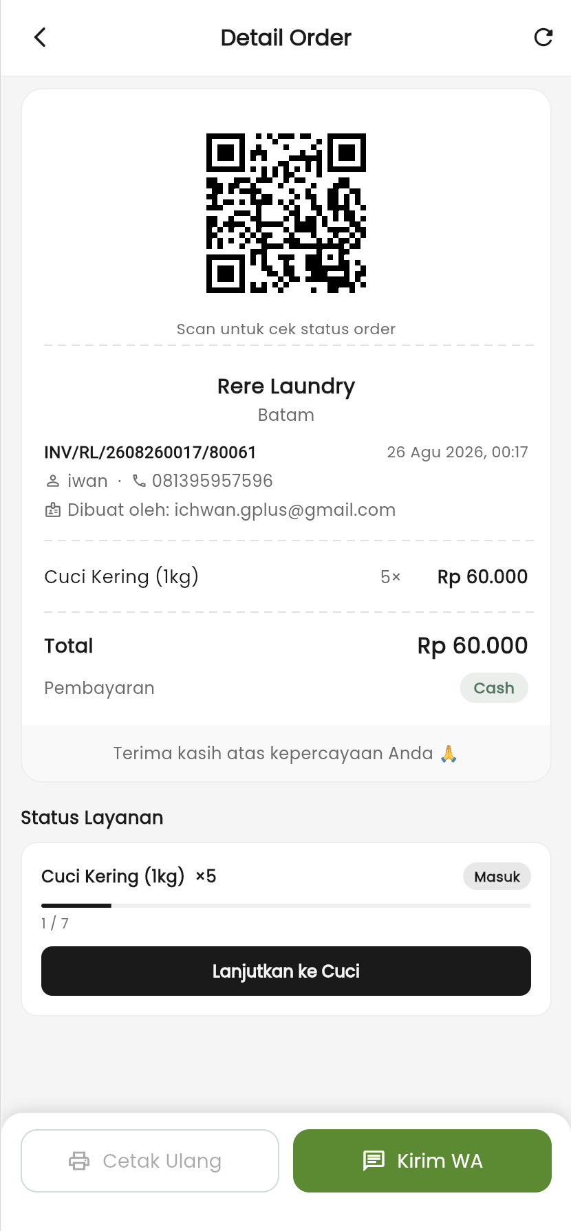 Detail order dengan QR, struk, dan status layanan