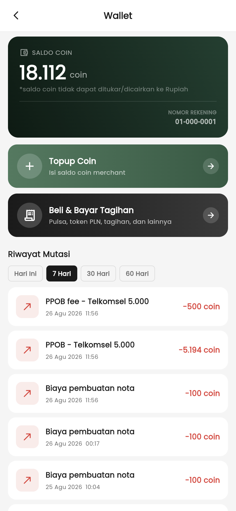 Dompet saldo coin dan riwayat mutasi